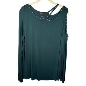 Rock&Republic Green Cut-Out Cold Shoulder Studded Long Sleeve Top Women's Large